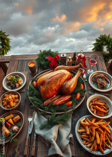 Overhead festive feast roasted turkey on rustic table with side dishes and christmas decor christmas wreath decoration holiday frame photo