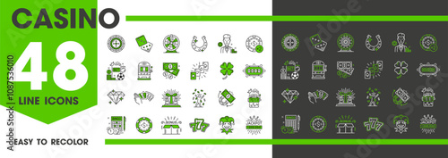 Casino line icons of slot game, poker jackpot money and gamble roulette, vector symbols. Casino icons set of blackjack dice, cards and bet chip, poker and wheel of fortune with Vegas jackpot win coins
