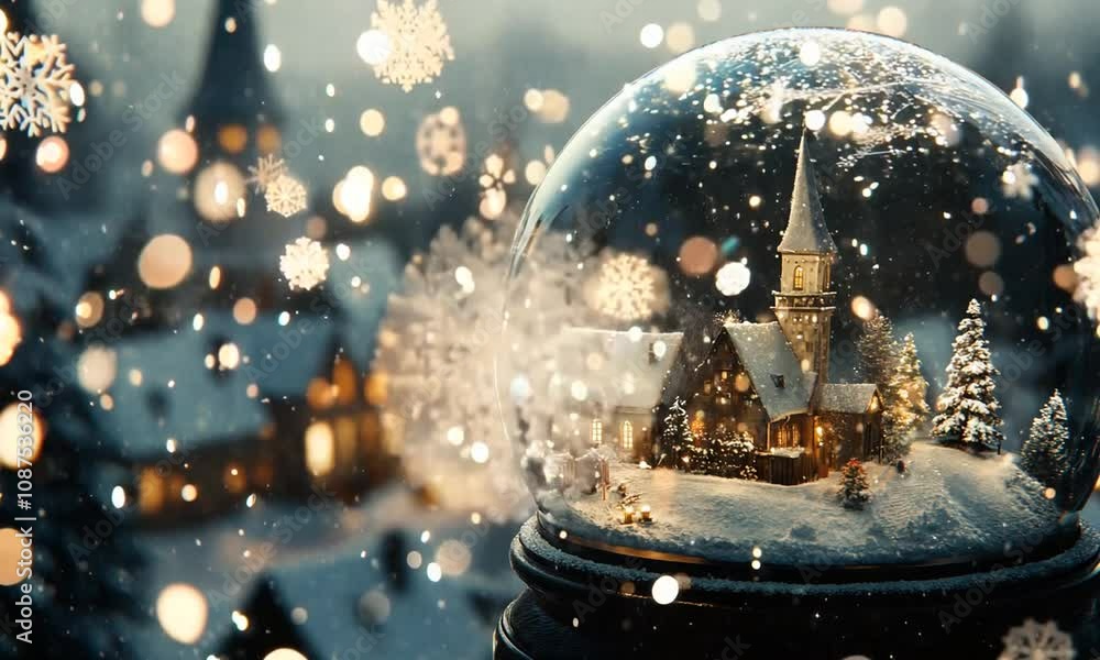 Enchanting Winter Scene Inside a Snow Globe with a Church, Snowflakes, and a Magical Evening Atmosphere Perfect for Holiday Decorations and Celebrations Enchanting Winter Scene Inside a Snow Globe with a Church, Snowflakes, and a Magical Evening Atmosphere Perfect for Holiday Decorations and Celebrations