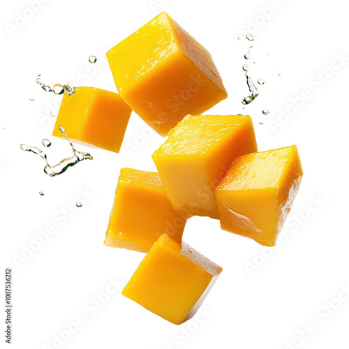 Obraz na płótnie Floating mango cubes with water splash on white background.