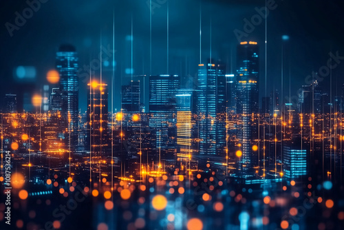 Wallpaper Mural Bright city lights and glowing digital lines illuminate a modern city at night Torontodigital.ca