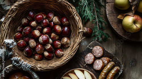 A rustic setting featuring roasted chestnuts in a basket, paired with a side of smoked sausage and apple slices. photo