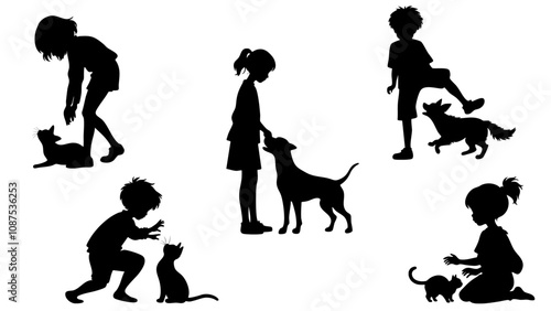 Stylish silhouette set of kids playing with pets