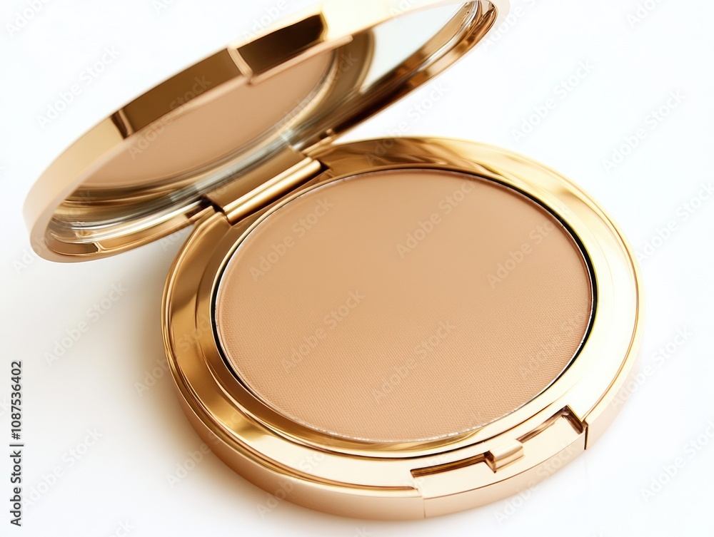 A gold-cased compact powder with a smooth surface for makeup application. A gold-cased compact powder with a smooth surface for makeup application.