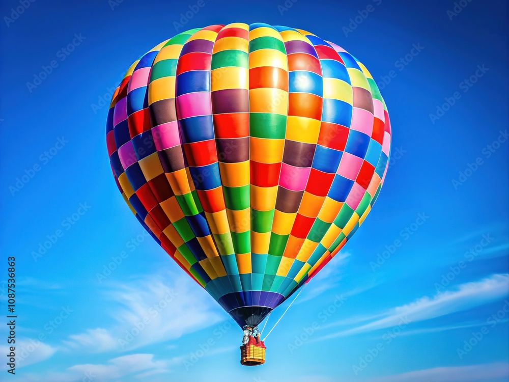 Fototapeta premium Colorful Checkered Hot Air Balloon in Blue Sky - Adventure Awaits