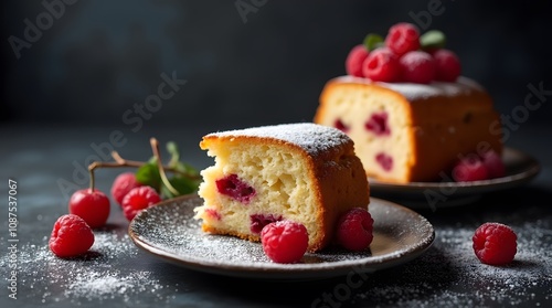 a piece of fruit cake stands on a dark graphite background the piece of cake is decorated with curr. photo