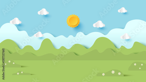 Vector illustration of park scenery with mountain and cloud sky background. Paper cut and craft style illustration