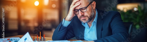 Wallpaper Mural A stressed businessman sits at a desk covered in paperwork, rubbing his forehead as he contemplates his challenges in a modern office setting. Torontodigital.ca
