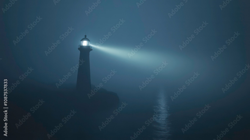 A lone lighthouse beams its light through thick fog on a dark night. A lone lighthouse beams its light through thick fog on a dark night.