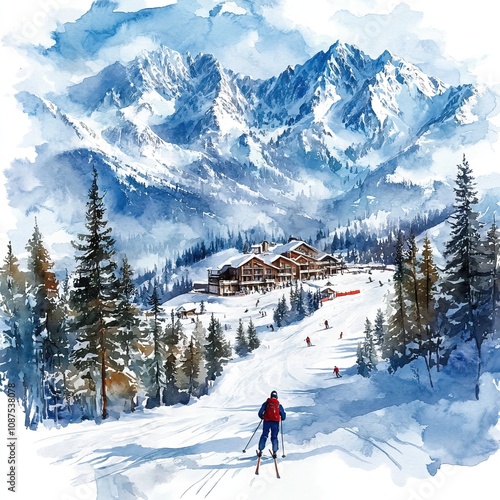 A breathtaking watercolor painting of a skier gliding down a snowy slope surrounded by majestic mountain peaks.