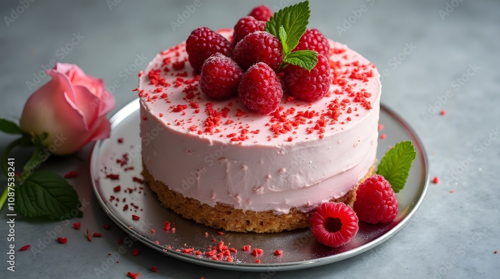 Sponge cake with strawberries and white cream. Berry mousse in confectionery. Raspberry cake with cream. Beautiful presentation of the cake. Sponge cake with strawberries and white cream. Berry mousse in confectionery. Raspberry cake with cream. Beautiful presentation of the cake.