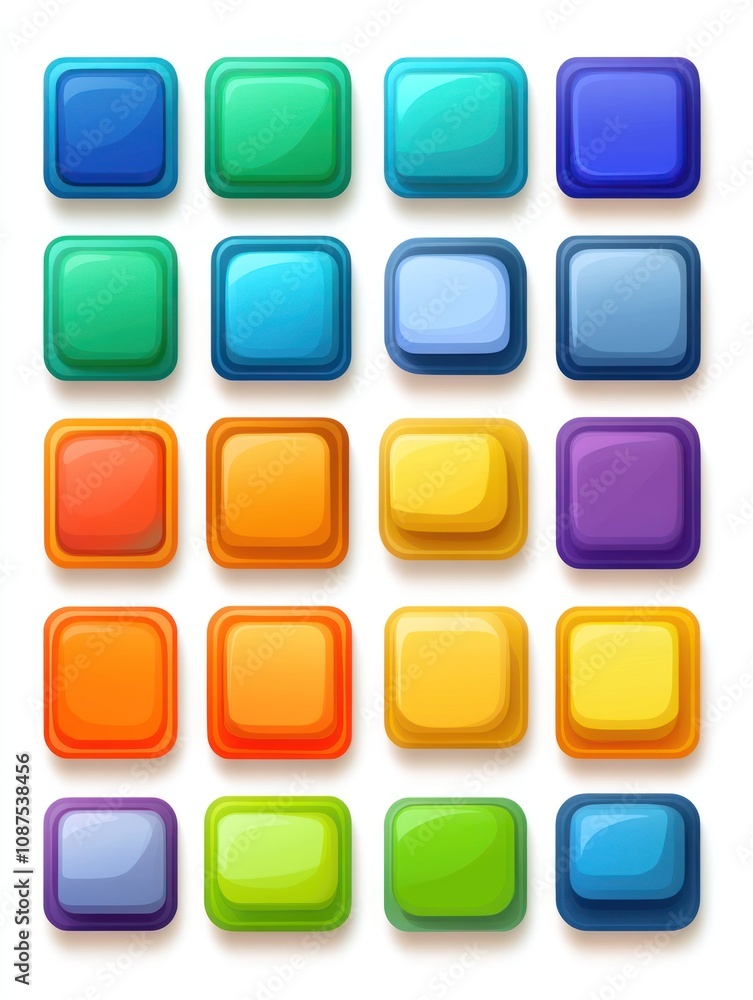A grid of colorful, glossy buttons in various shapes and hues for graphic design use. A grid of colorful, glossy buttons in various shapes and hues for graphic design use.
