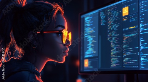 A female coder focuses intently on her work at a dimly lit desk with dual computer screens photo