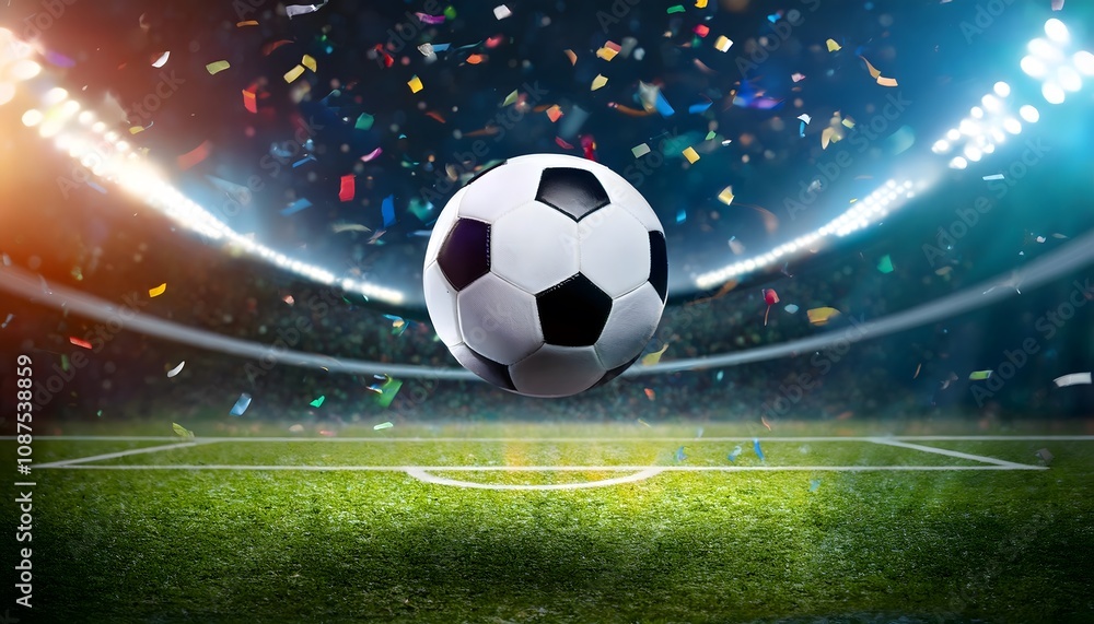 Obraz premium Soccer Ball Flying in the Air with Stadium Lights and Confetti, High-Quality Football Match Illustration