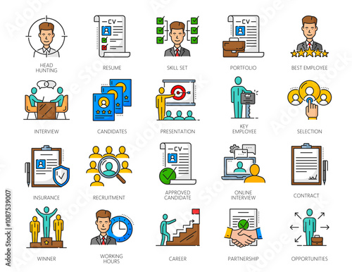 Job search and recruitment color line icons. Human resource, career and head hunting vector outline symbols with candidate profiles, contract and CV, HR and interview, business people and employees