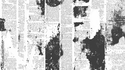 Vector white and black newspaper paper grunge vintage old aged texture. Vintage grunge newspaper collage background. Newspaper with old grunge vintage unreadable paper texture background.