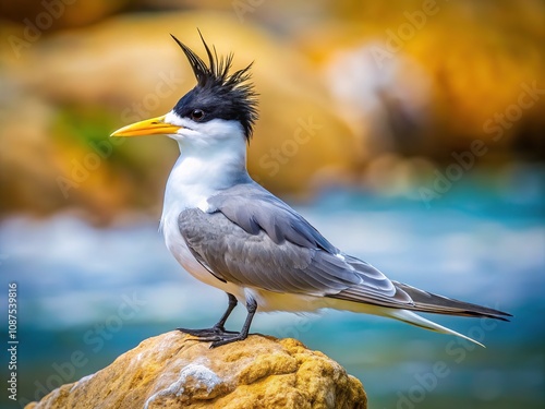 Crested tern, close-up on a weathered rock.  AI art. photo