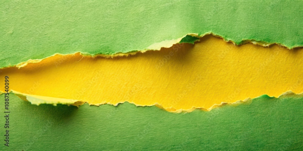 A torn green sheet of paper reveals a vibrant yellow background, highlighting a contrast of textures and colors. A torn green sheet of paper reveals a vibrant yellow background, highlighting a contrast of textures and colors.