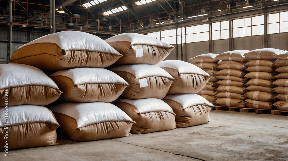 Sugar in a Warehouse. Bags of sugar. Big food warehouse filled with sacks of sugar. Factory of sugar beets Sugar in a Warehouse. Bags of sugar. Big food warehouse filled with sacks of sugar. Factory of sugar beets