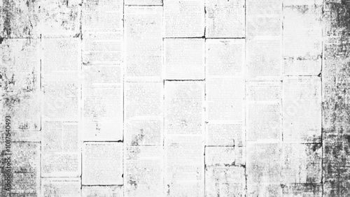 Vector white and black newspaper paper grunge vintage old aged texture. Vintage grunge newspaper collage background. Newspaper with old grunge vintage unreadable paper texture background.