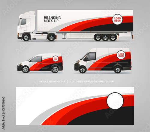 Side view Van, Truck trailer mockup set with branding design. Abstract graphics of Red stripes decal design for transport. Branding vehicle. Horizontal AD banner. Editable vector template