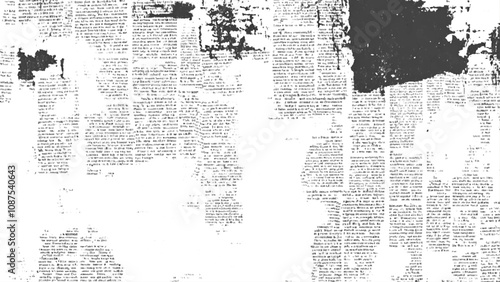 Vector white and black newspaper paper grunge vintage old aged texture. Vintage grunge newspaper collage background. Newspaper with old grunge vintage unreadable paper texture background.