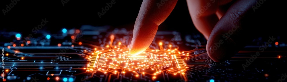 A close-up of a hand touching a circuit board, with glowing particles emanating from the contact point, symbolizing technology and connectivity. A close-up of a hand touching a circuit board, with glowing particles emanating from the contact point, symbolizing technology and connectivity.