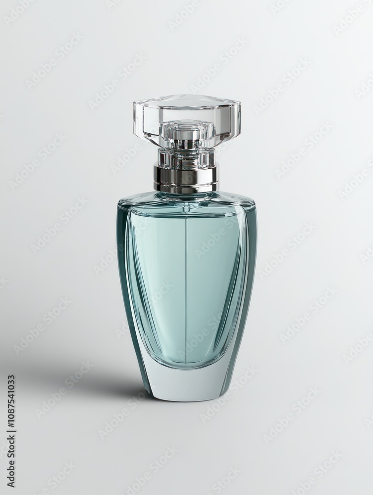 A stylish perfume bottle with a crystal cap and a light blue liquid inside. A stylish perfume bottle with a crystal cap and a light blue liquid inside.