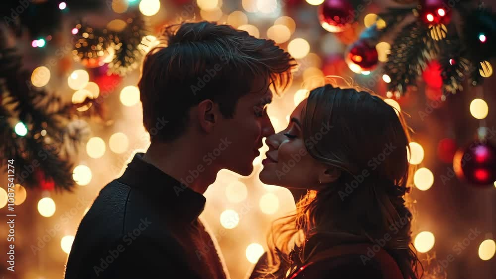 Couple sharing a tender kiss under the mistletoe, with the glow of Christmas lights adding warmth to the moment. . 4K Video Couple sharing a tender kiss under the mistletoe, with the glow of Christmas lights adding warmth to the moment. . 4K Video
