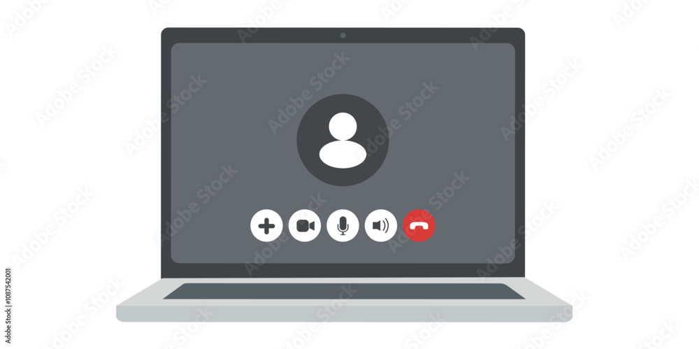 Laptop screen showing a video call interface with participant icon and action buttons.