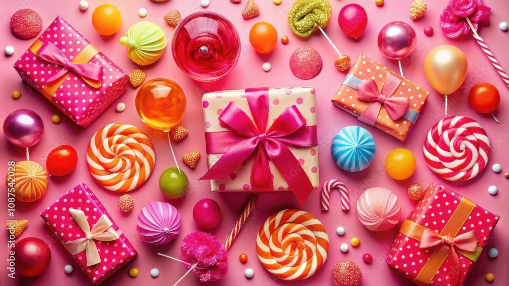 Fototapeta premium Festive and colorful background featuring wrapped gifts with ribbons, lollipops, candy, and ornaments on a pink background.