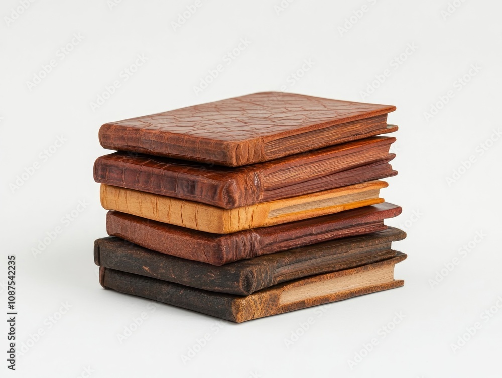 A stack of decorative leather-bound journals in various colors and textures. A stack of decorative leather-bound journals in various colors and textures.