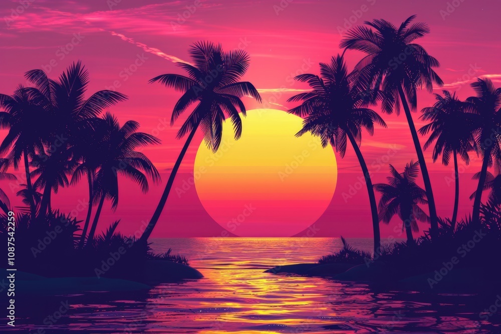 Tropical Island Silhouette. Fantastic Sunset with Palm Trees on Serene Beach Tropical Island Silhouette. Fantastic Sunset with Palm Trees on Serene Beach