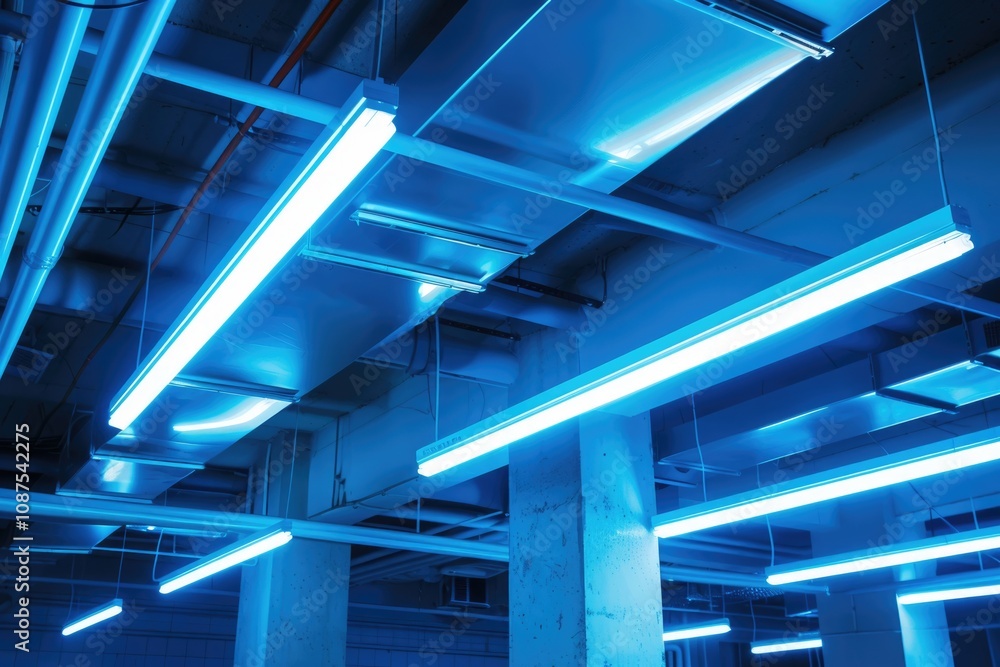 Obraz premium Tube Lighting. Modern Fluorescent Lamp in Co-working Space Office with Abstract Blue Background