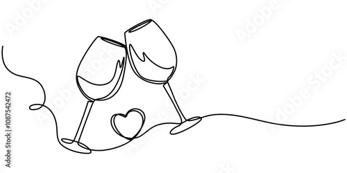 Continuous one line drawing of two glasses of champagne. Minimalist linear concept of celebrate and cheering. Editable stroke Vector illustration, Continuous Line Drawing of Champagne Glasses Black 