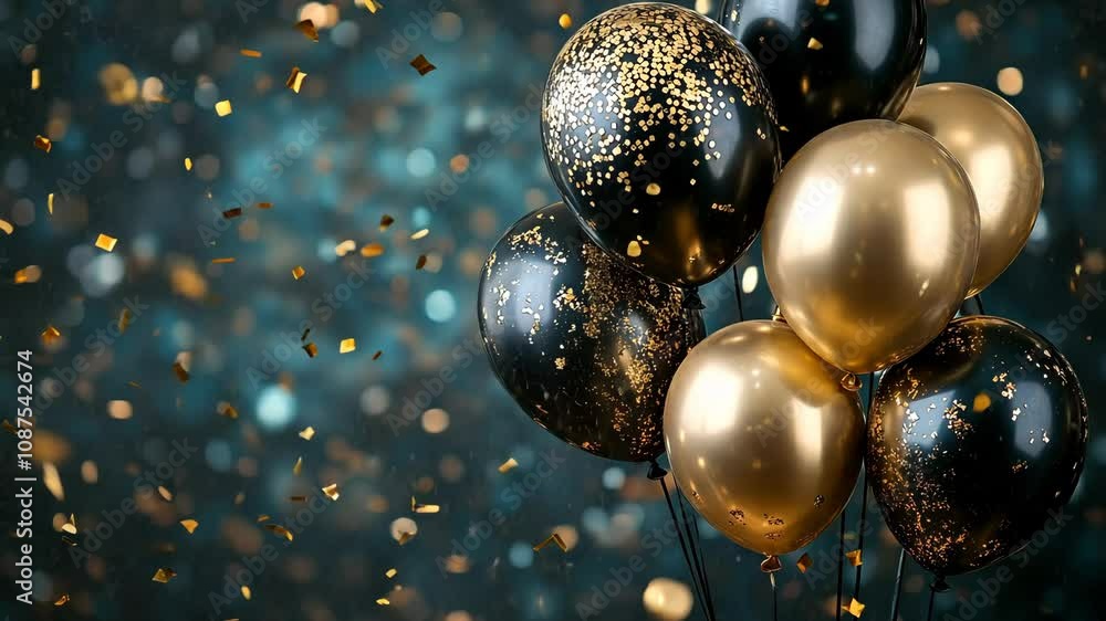 An elegant arrangement of black and gold balloons with golden confetti raining down, set against a dark background to create a festive and stylish tone. Video An elegant arrangement of black and gold balloons with golden confetti raining down, set against a dark background to create a festive and stylish tone. Video