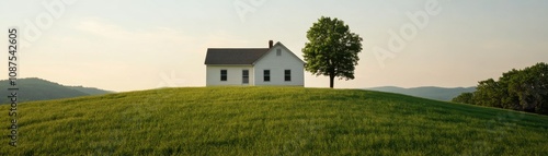 Wallpaper Mural A serene house stands alone on a green hill, surrounded by rolling landscapes and a single tree, under a clear sky. Torontodigital.ca