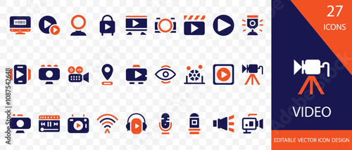 Video icon set. containing movie, play, pause, watch, microphone, video editing and more vector design