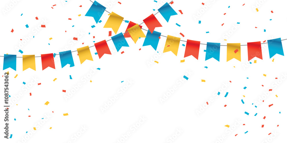 Obraz premium Colorful bunting flags and falling confetti on a white background