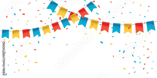 Colorful bunting flags and falling confetti on a white background