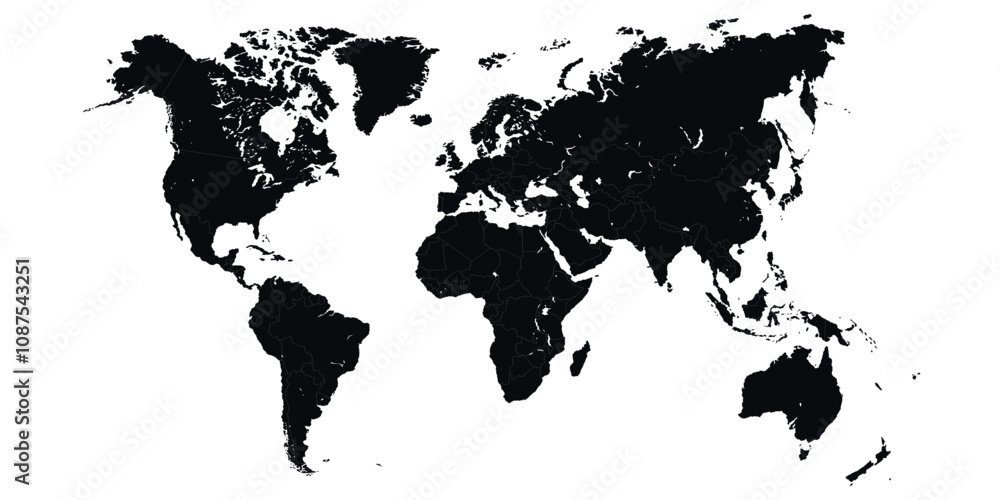 Obraz premium Black silhouette of a world map showing continents and countries