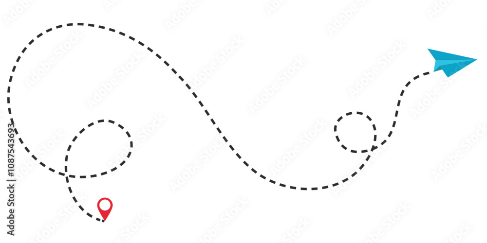 Dotted line flight path with a paper plane and location pin. Dotted line flight path with a paper plane and location pin.