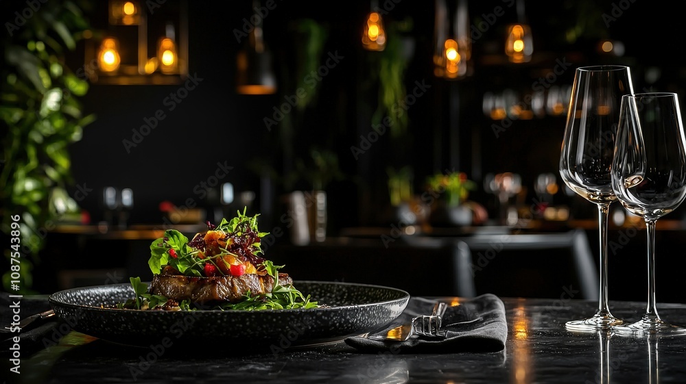 A beautifully plated dish served in an elegant restaurant setting, with dim lighting and decorative glassware enhancing the ambiance. A beautifully plated dish served in an elegant restaurant setting, with dim lighting and decorative glassware enhancing the ambiance.