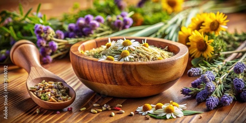 A Wooden Bowl Filled with Dried Herbs and Flowers, Surrounded by Fresh Blooms on a Rustic Wooden Surface