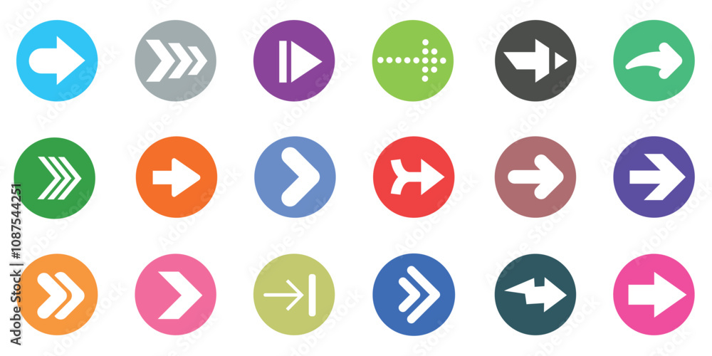 Collection of diverse arrow icons in circular shapes with various colors and styles. Collection of diverse arrow icons in circular shapes with various colors and styles.