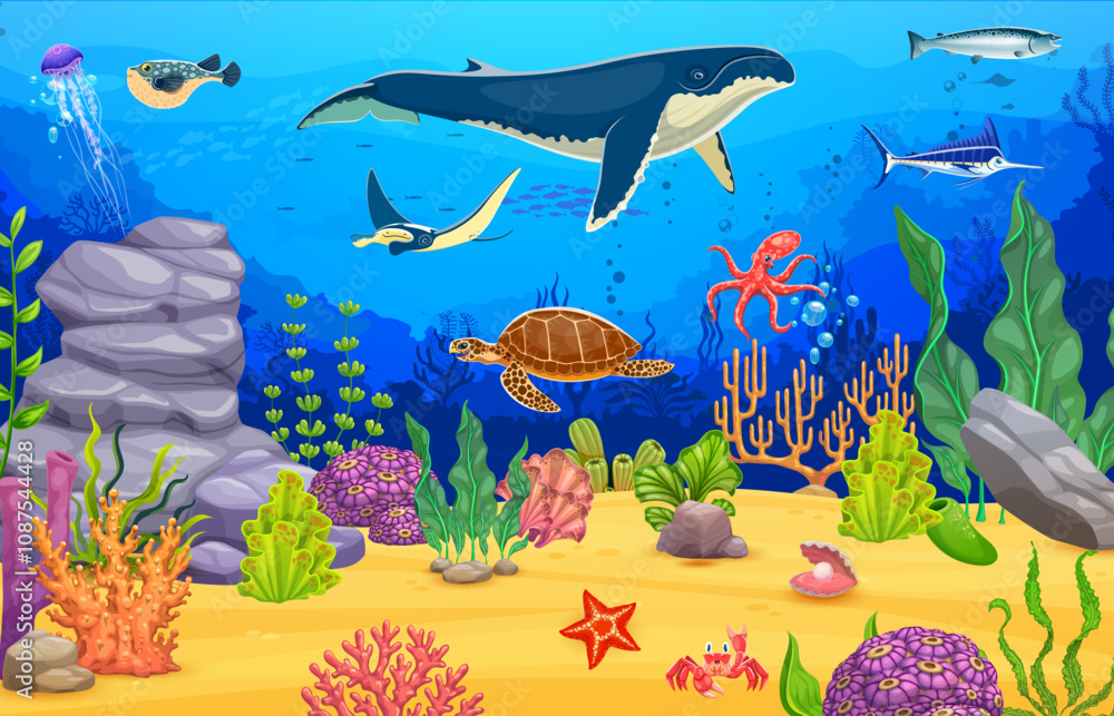 Naklejka premium Cartoon sea animals at underwater landscape. Vector marine scene with giant whale and manta ray, octopus, jellyfish, turtle and fish swimming among vibrant coral reefs, rocks and plants on ocean floor