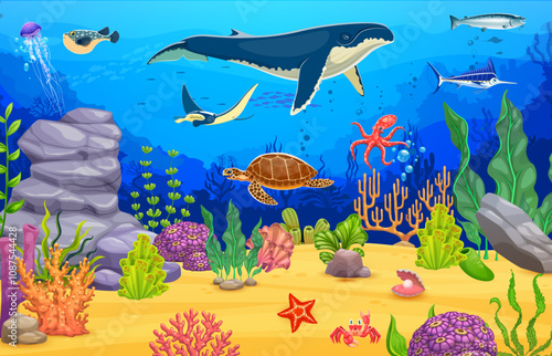Cartoon sea animals at underwater landscape. Vector marine scene with giant whale and manta ray, octopus, jellyfish, turtle and fish swimming among vibrant coral reefs, rocks and plants on ocean floor