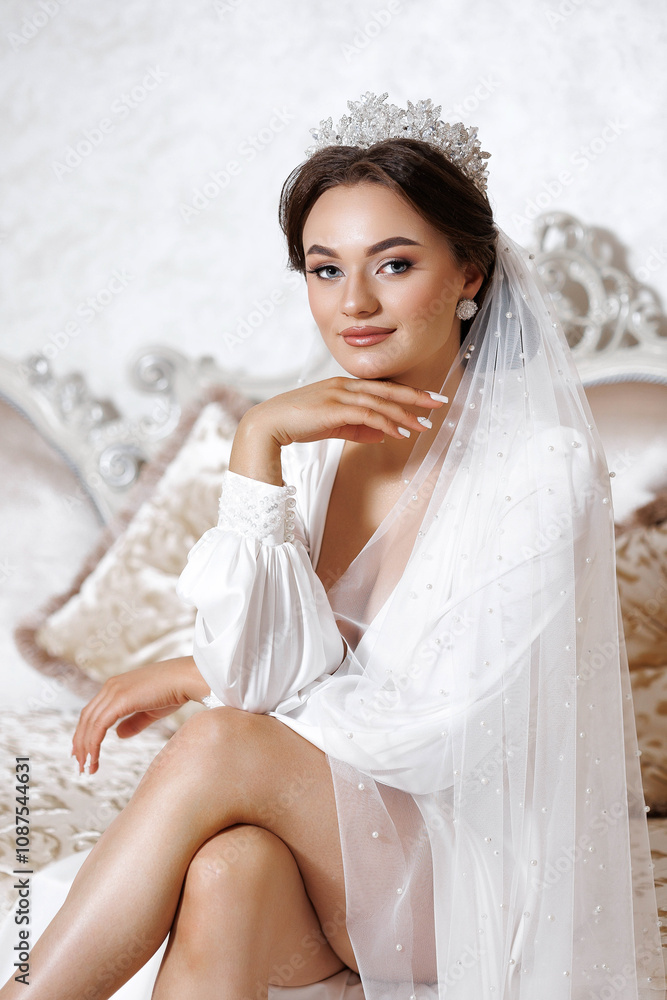 A woman is sitting on a bed wearing a white dress and a tiara. She is smiling and looking at the camera A woman is sitting on a bed wearing a white dress and a tiara. She is smiling and looking at the camera