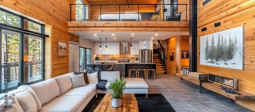 A cozy and modern interior of a two-story cabin with extensive use of natural wood and stone for walls, floors and ceilings.