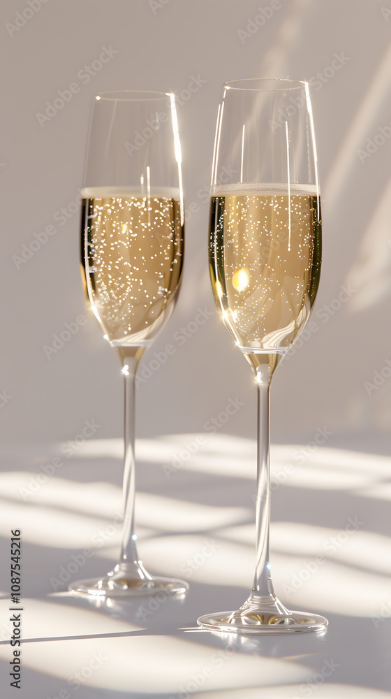 The sunlight shines brightly on the golden champagne flutes filled with bubbling wine, setting a luxurious and elegant ambiance ideal for festive celebrations and stylish toasts The sunlight shines brightly on the golden champagne flutes filled with bubbling wine, setting a luxurious and elegant ambiance ideal for festive celebrations and stylish toasts